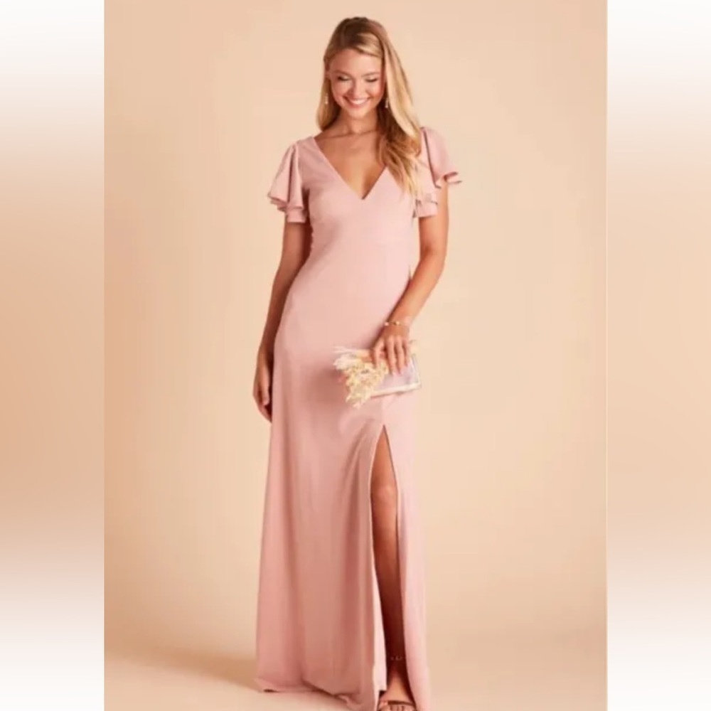 Birdy Grey Crepe Dress Dusty Rose Formal Sode Slit Ruffle Sleeve Women’s Sz XS